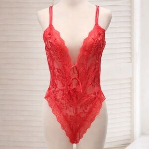 Vintage Victoria’s Secret Gold Label Coral Lace Teddy Bodysuit L Sheer Plunge